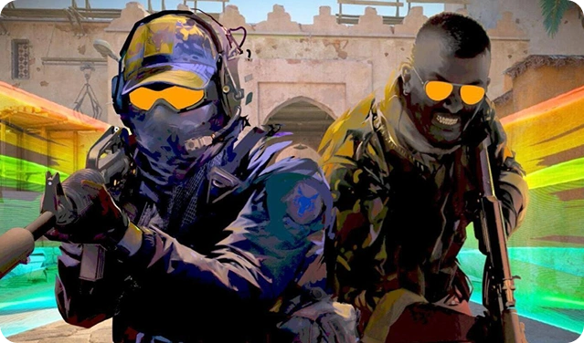 Taktikai FPS videojáték karakterek akció közben egy kompetitív lövöldözős játék jelenetében