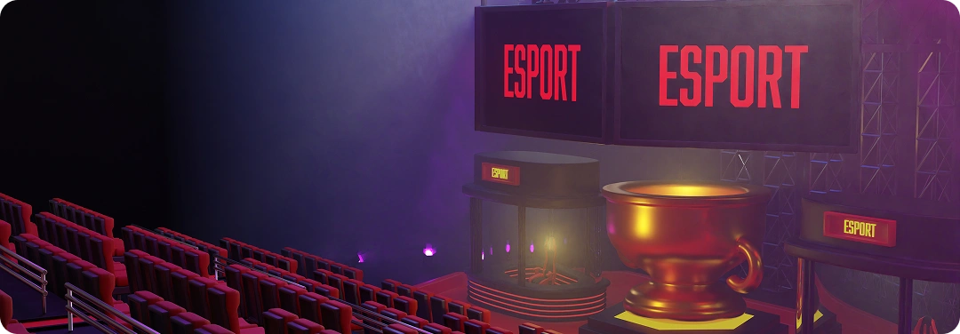 Modern esport verseny aréna nagy kijelzőkkel és bajnoki trófeával a színpadon